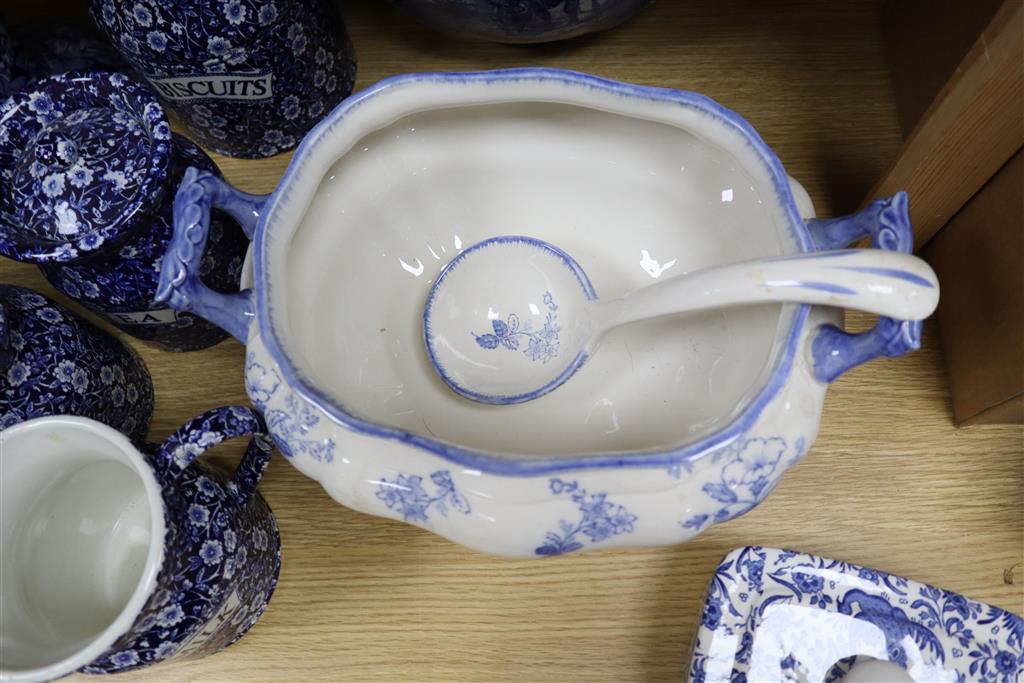 A group of Burleigh ware callico jugs and jars, soup tureen, ladle, butter dish and jardiniere
